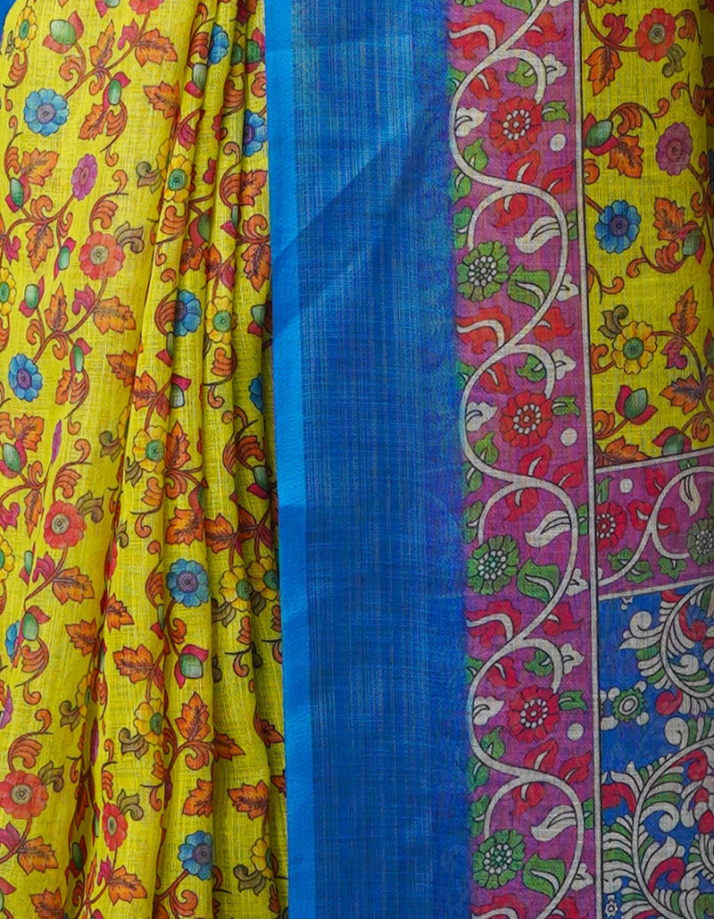 Lemon Yellow  Digital Printed Linen Saree-UNM69178