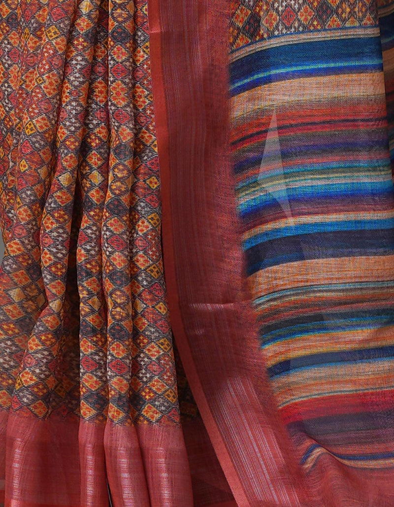 Multi  Digital Printed Linen Saree-UNM69182