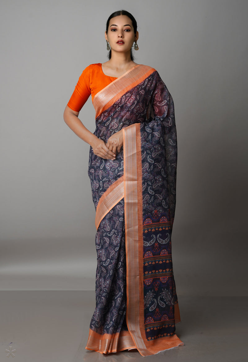 Black  Digital Printed Linen Saree-UNM69183