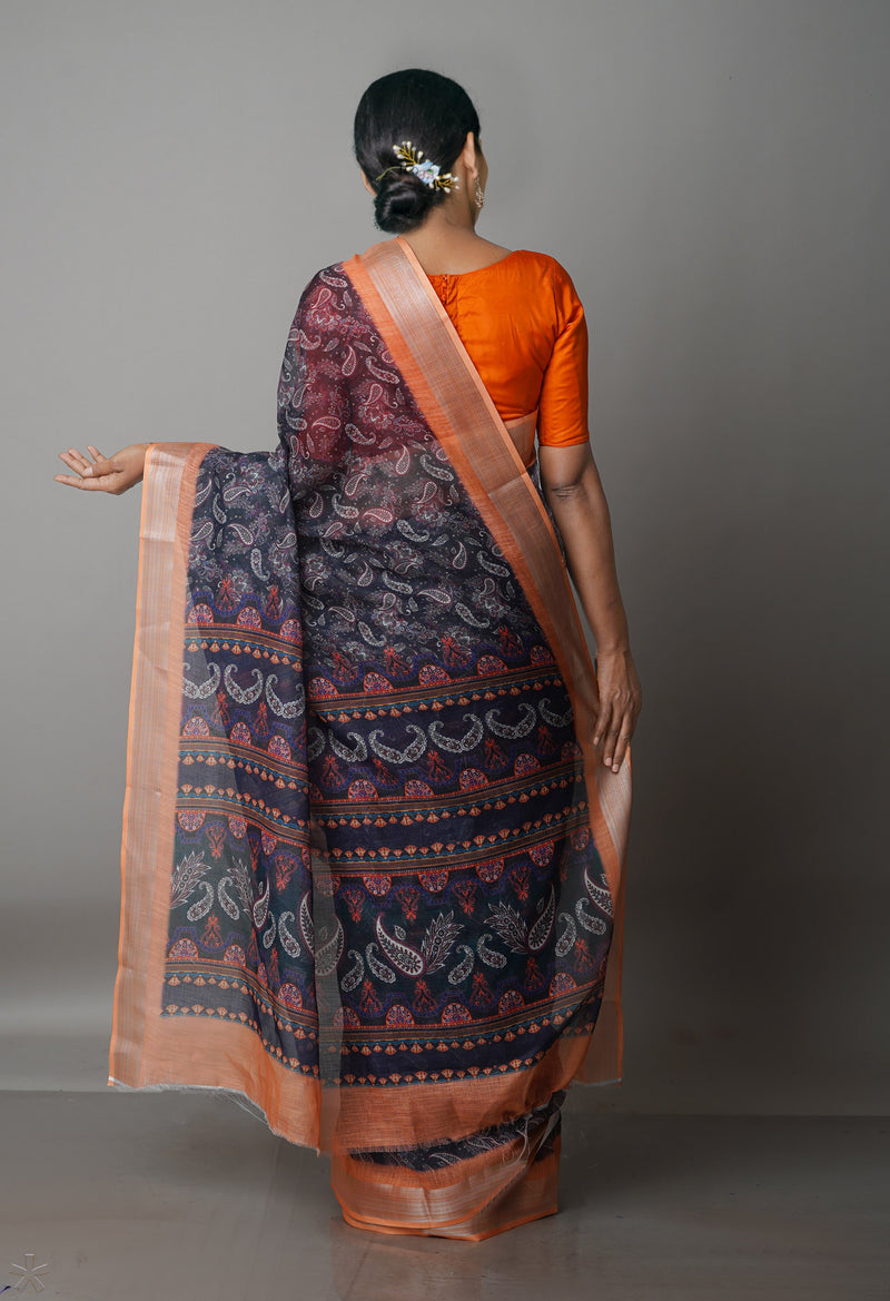 Black  Digital Printed Linen Saree-UNM69183