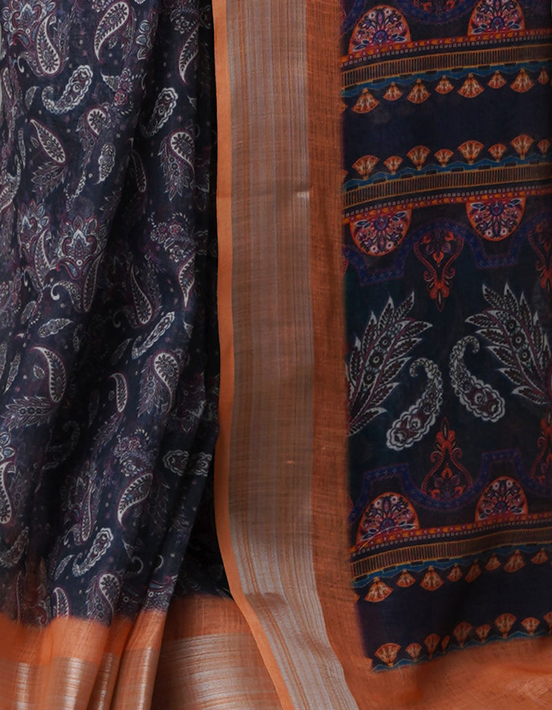 Black  Digital Printed Linen Saree-UNM69183