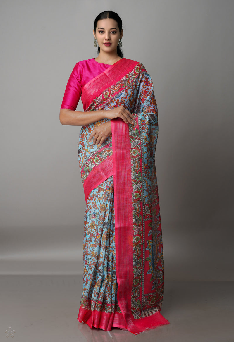 Sky Blue  Digital Printed Linen Saree-UNM69184