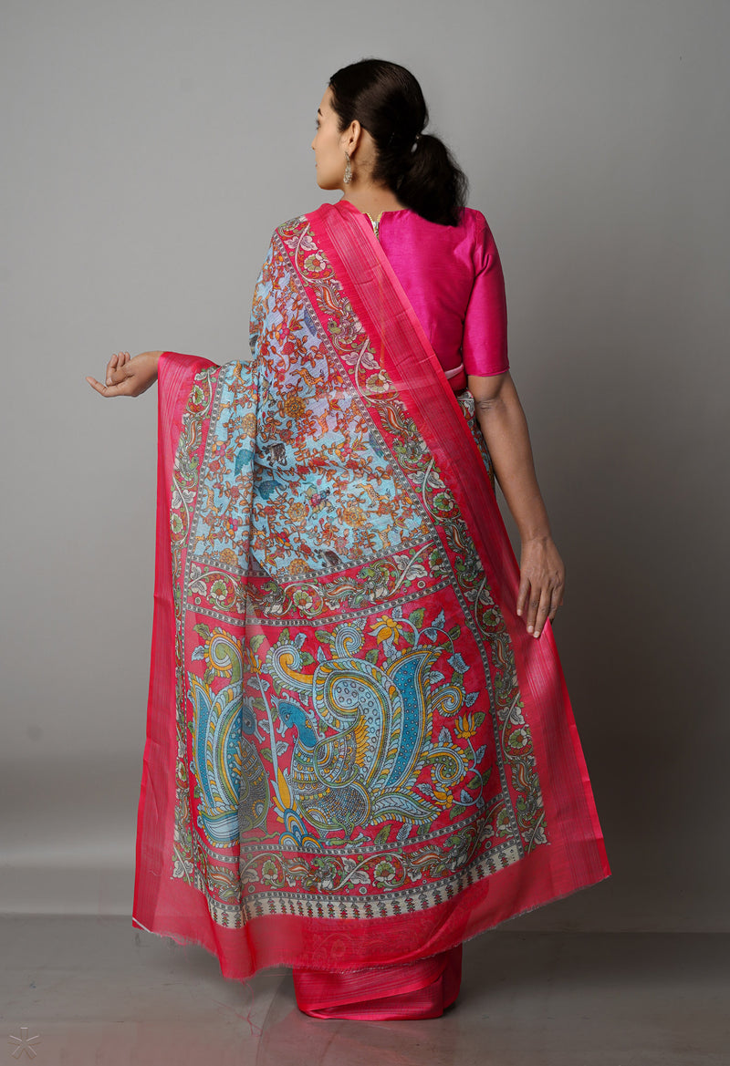 Sky Blue  Digital Printed Linen Saree-UNM69184