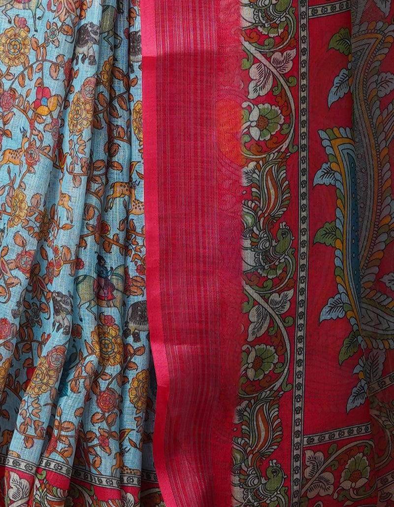 Sky Blue  Digital Printed Linen Saree-UNM69184