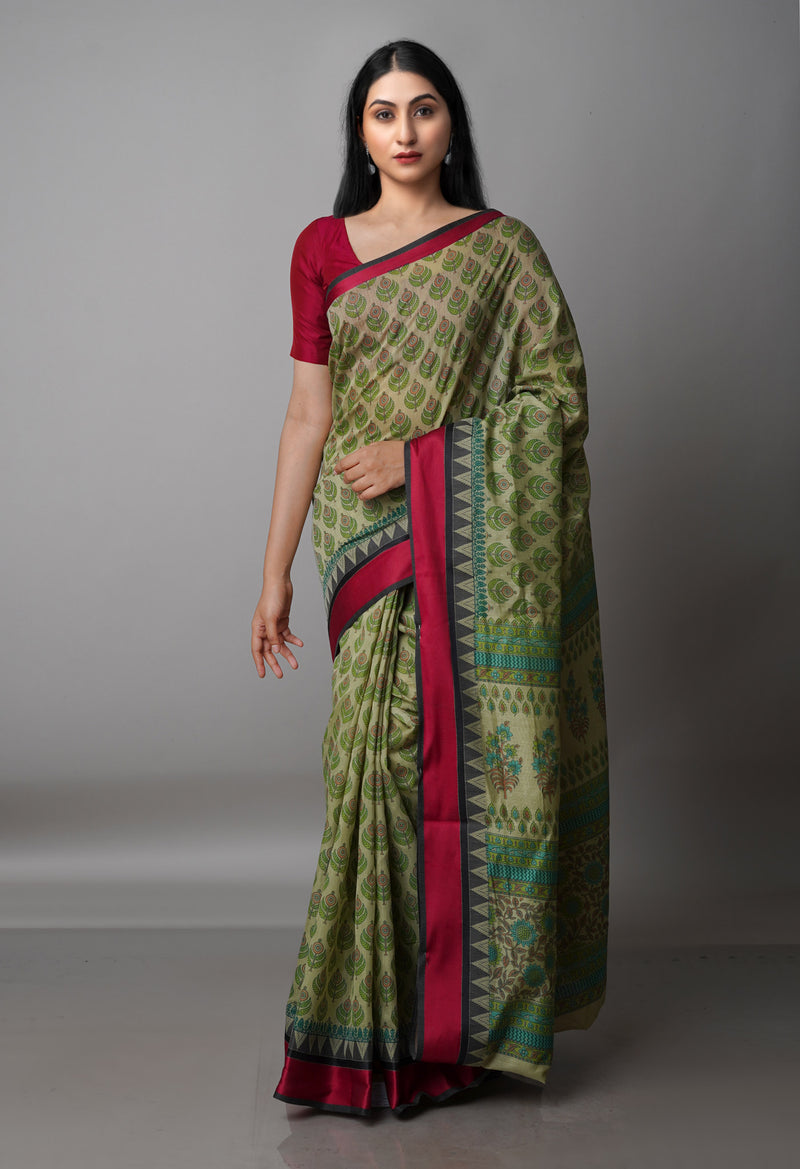 Green  Block Printed Chanderi Sico Saree-UNM69222