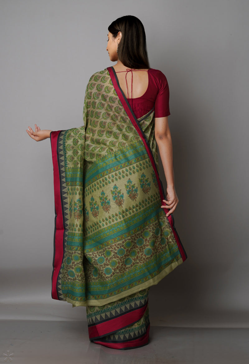 Green  Block Printed Chanderi Sico Saree-UNM69222
