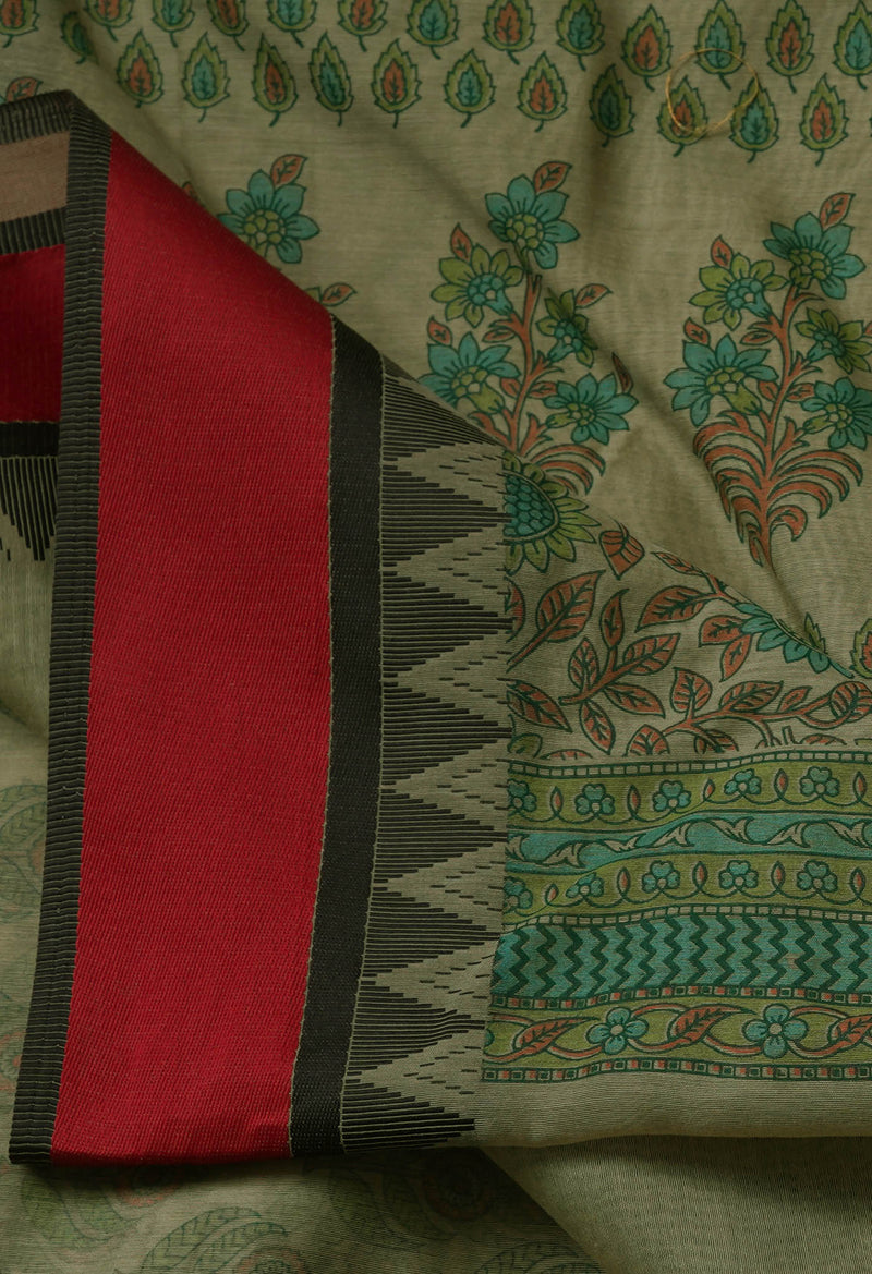 Green  Block Printed Chanderi Sico Saree-UNM69222
