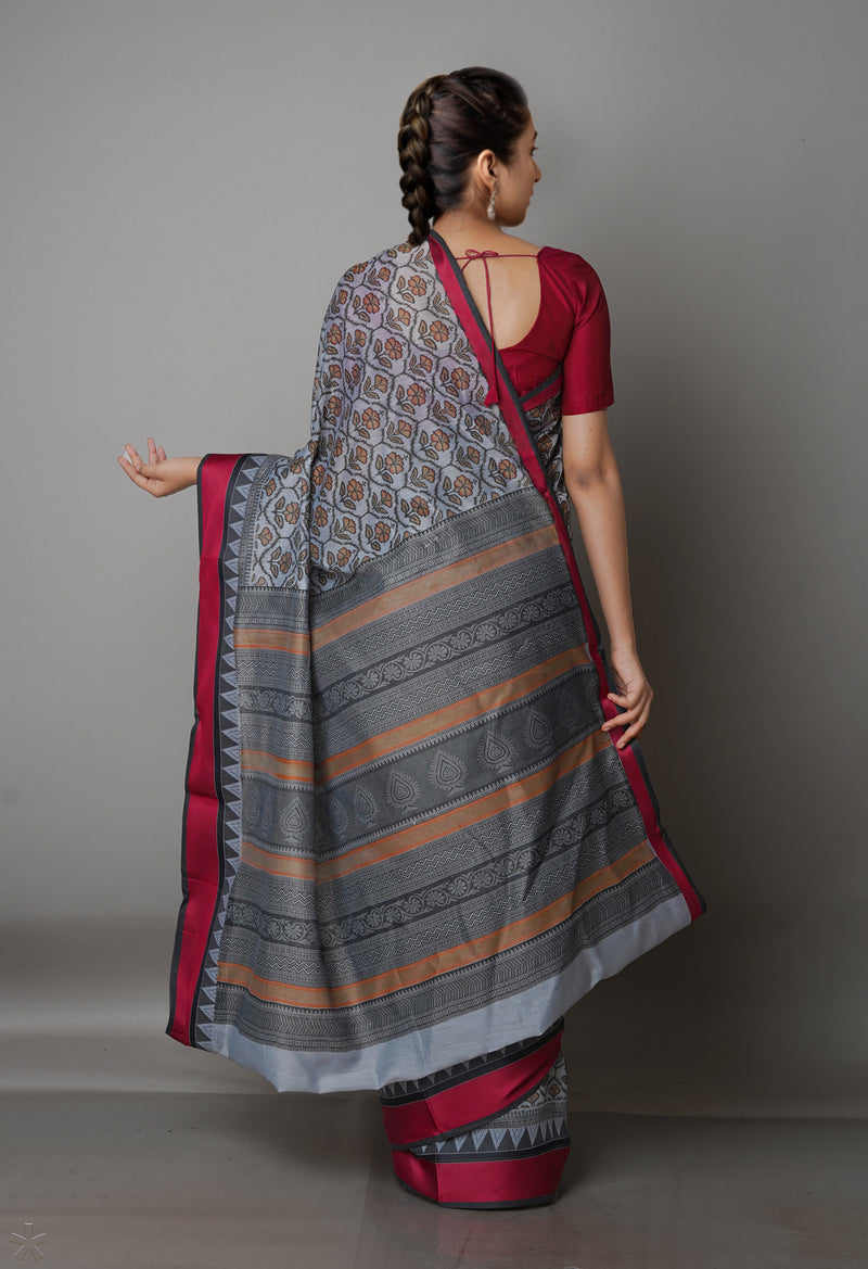 Grey  Block Printed Chanderi Sico Saree-UNM69223