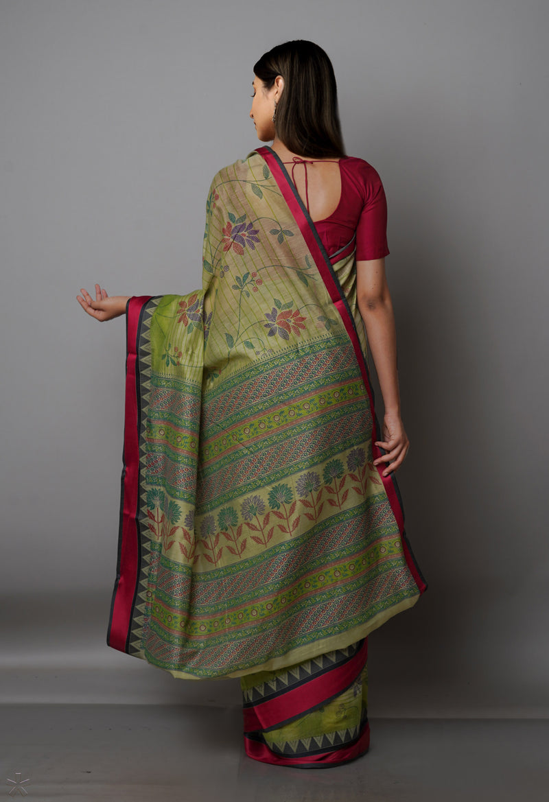 Green  Block Printed Chanderi Sico Saree-UNM69225