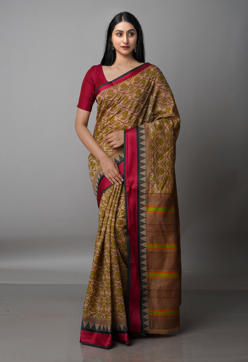 Brown  Block Printed Chanderi Sico Saree-UNM69229