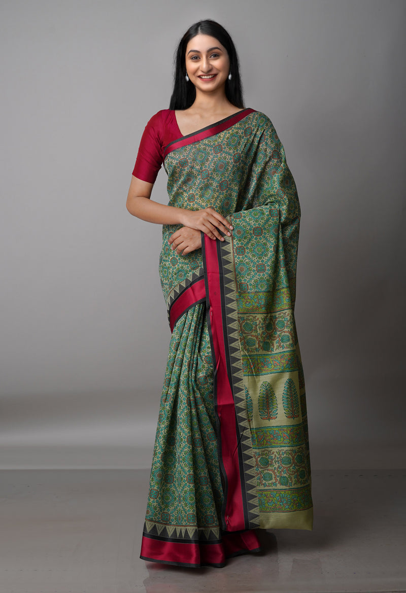 Green  Block Printed Chanderi Sico Saree-UNM69232
