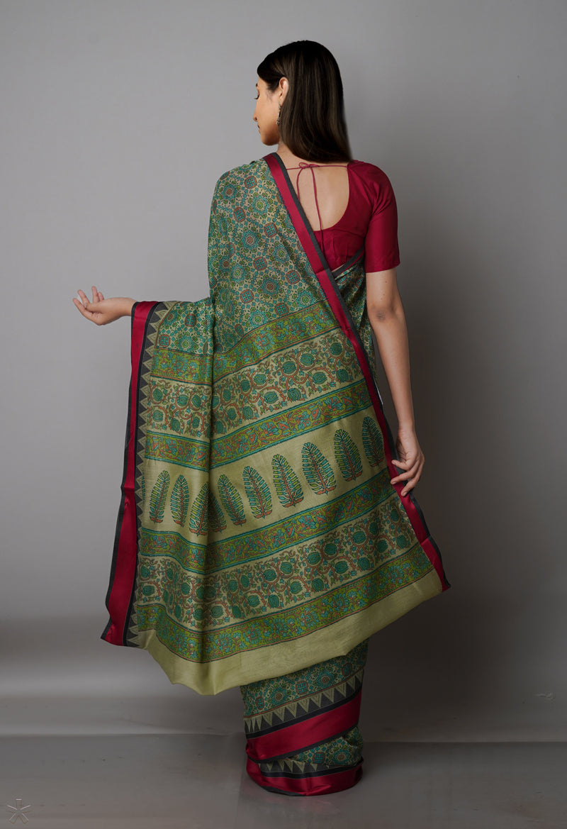 Green  Block Printed Chanderi Sico Saree-UNM69232