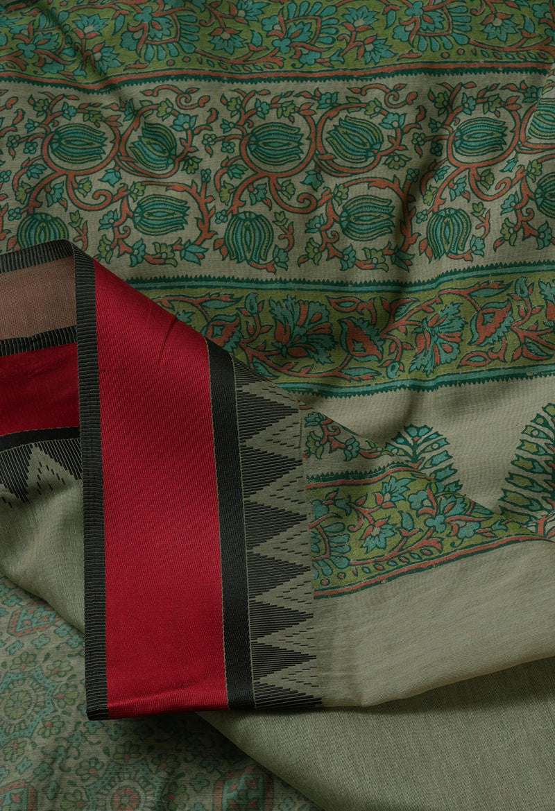 Green  Block Printed Chanderi Sico Saree-UNM69232