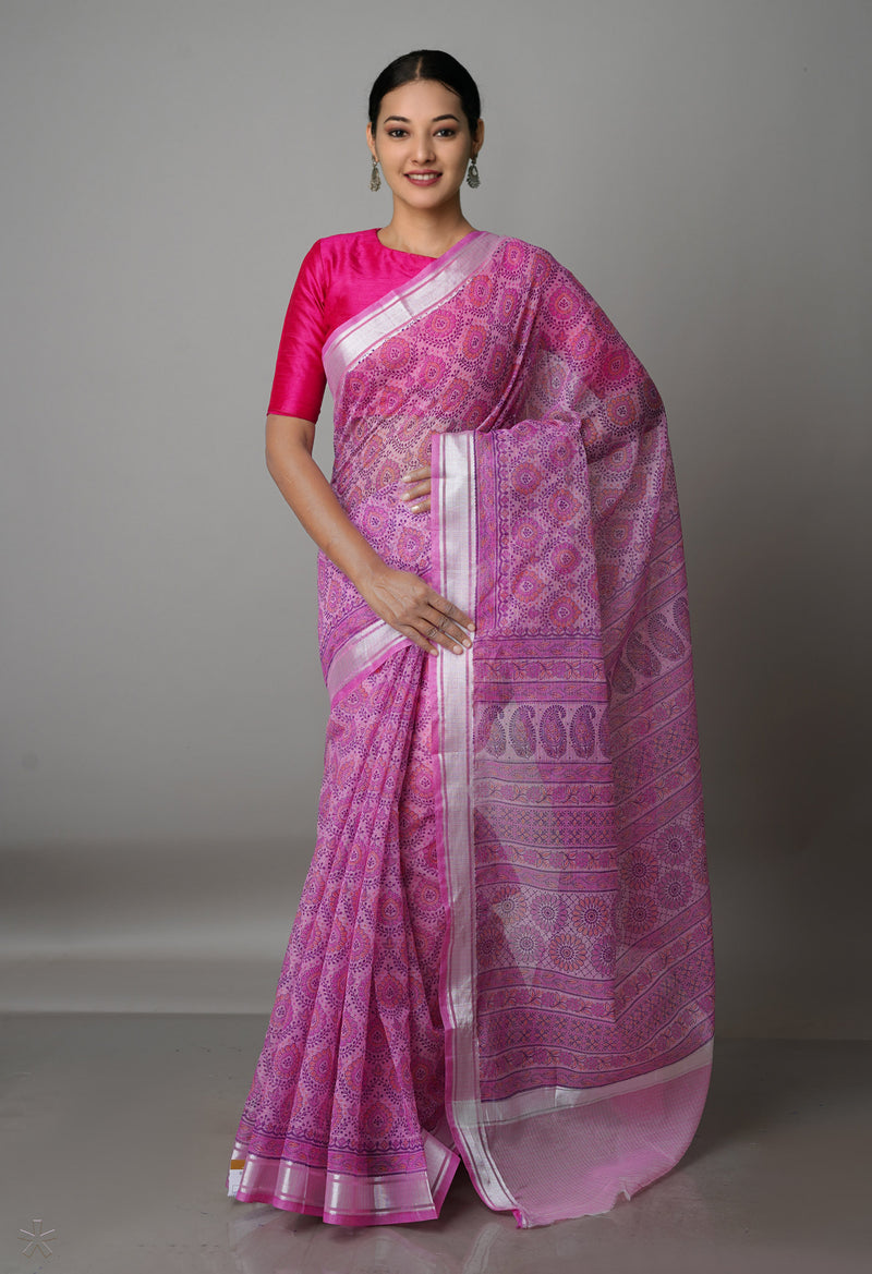 Pink Pure  Block Printed Kota Cotton Saree-UNM69240