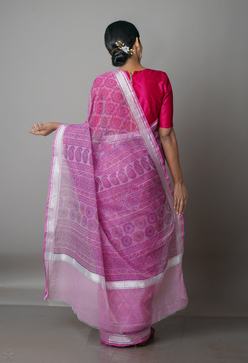Pink Pure  Block Printed Kota Cotton Saree-UNM69240