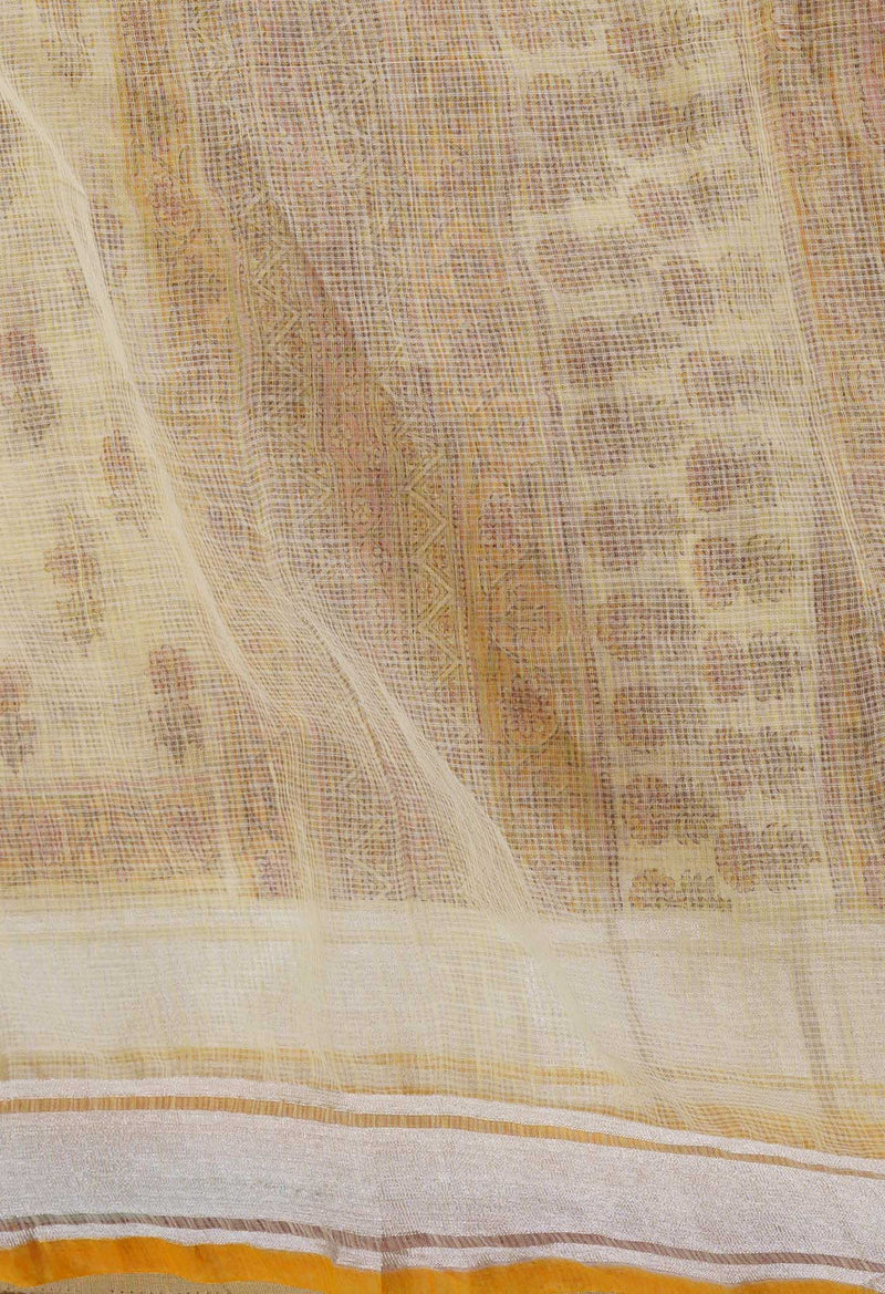 Pastel Yellow Pure  Block Printed Kota Cotton Saree-UNM69241