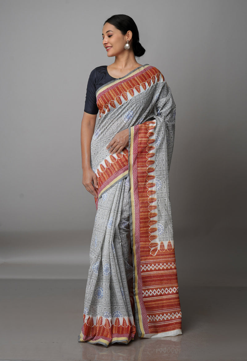 Ivory  Block Printed Chanderi Sico Saree-UNM69246