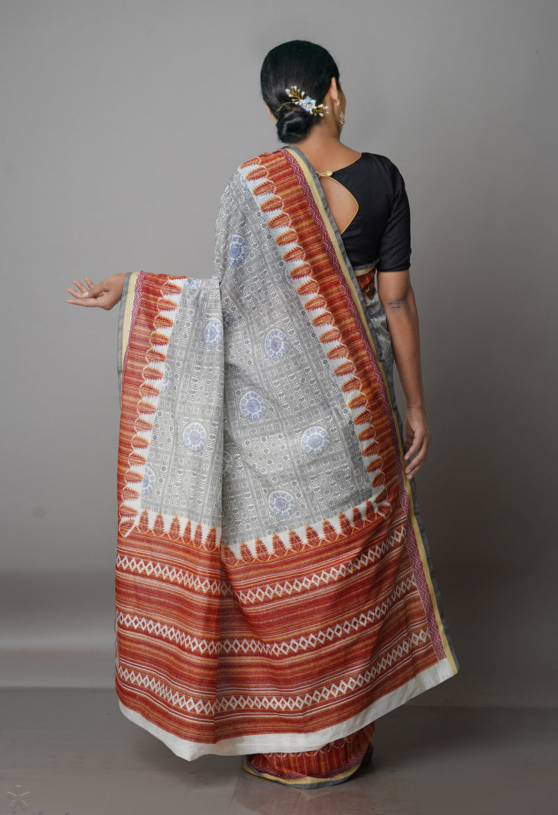 Ivory  Block Printed Chanderi Sico Saree-UNM69246