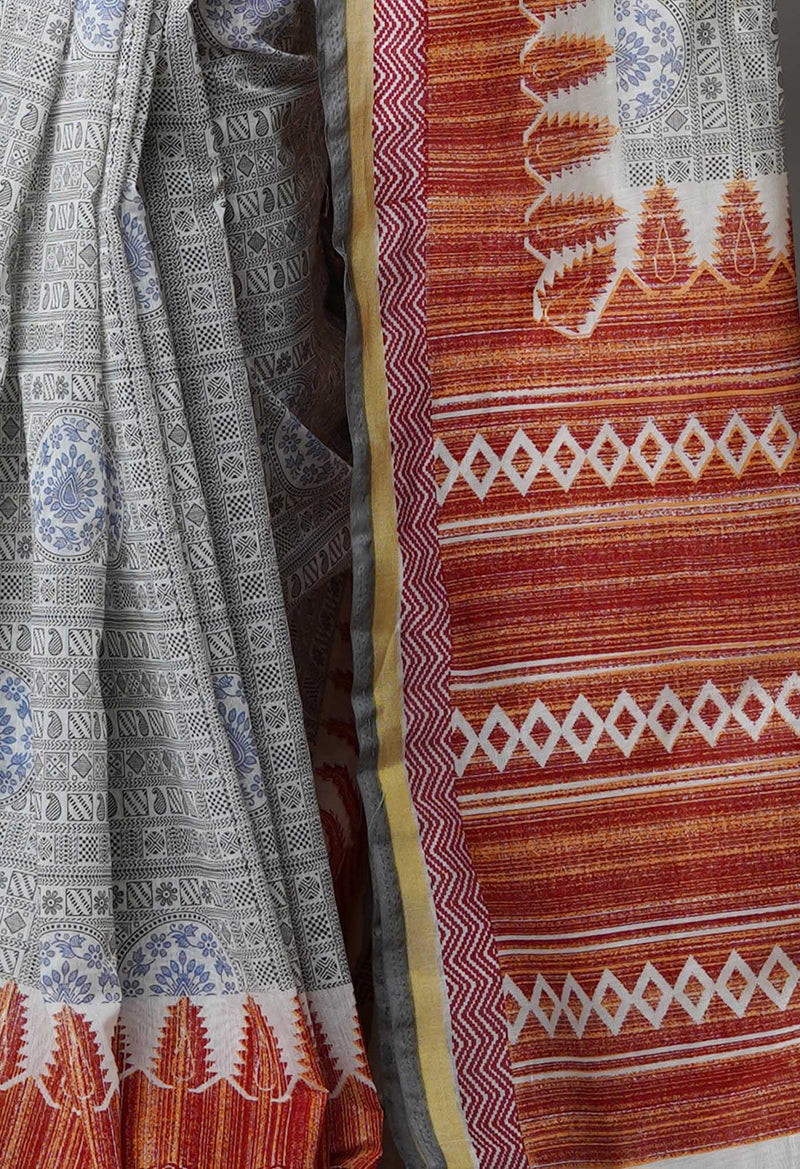 Ivory  Block Printed Chanderi Sico Saree-UNM69246