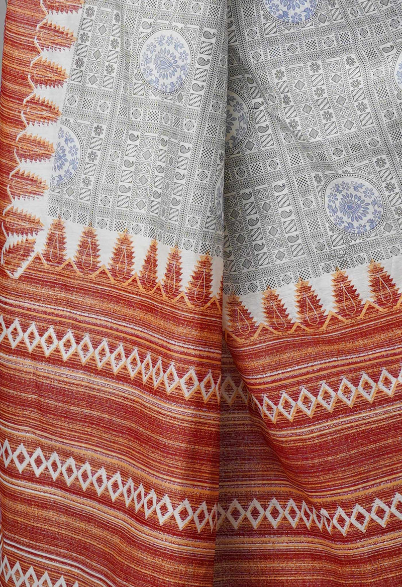 Ivory  Block Printed Chanderi Sico Saree-UNM69246