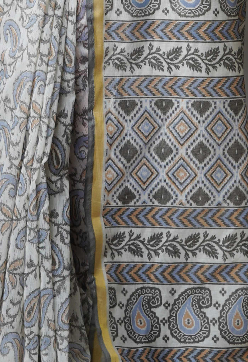 Ivory  Block Printed Chanderi Sico Saree-UNM69247