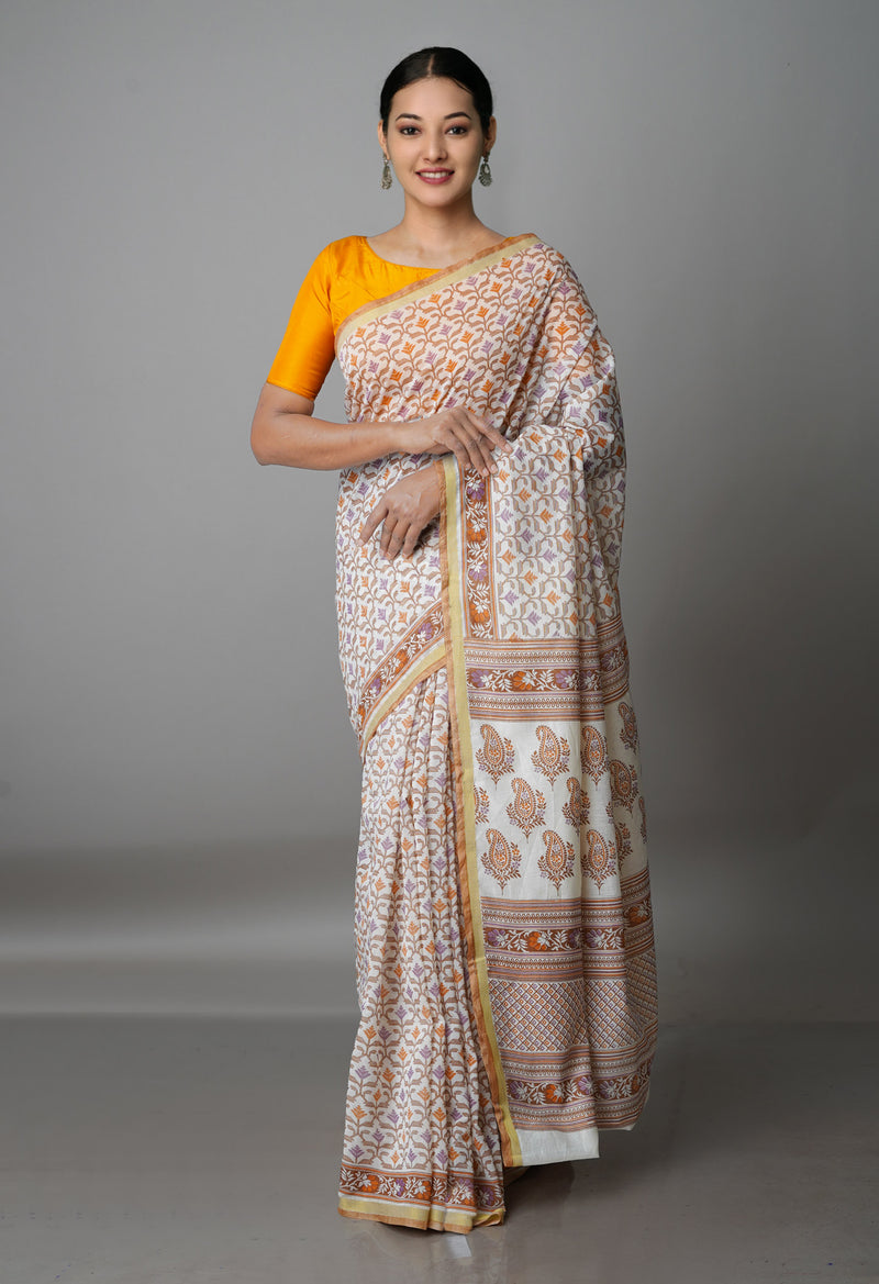 Ivory  Block Printed Chanderi Sico Saree-UNM69250
