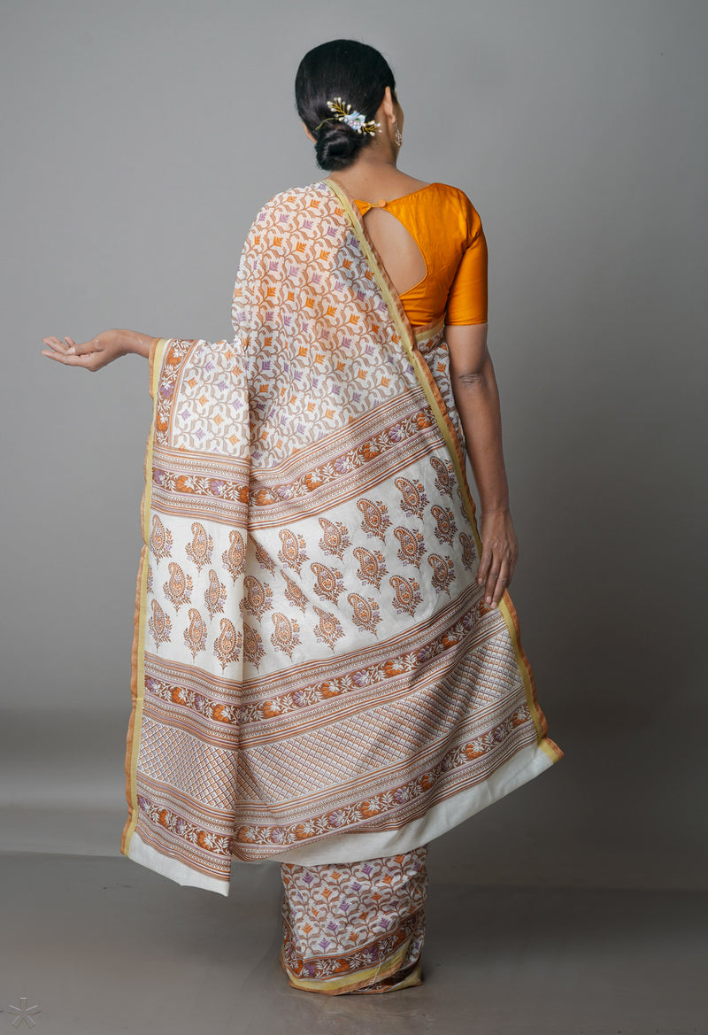 Ivory  Block Printed Chanderi Sico Saree-UNM69250