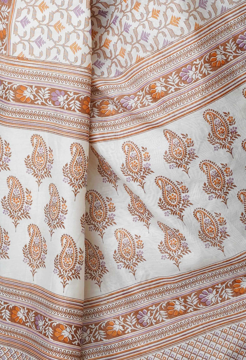 Ivory  Block Printed Chanderi Sico Saree-UNM69250