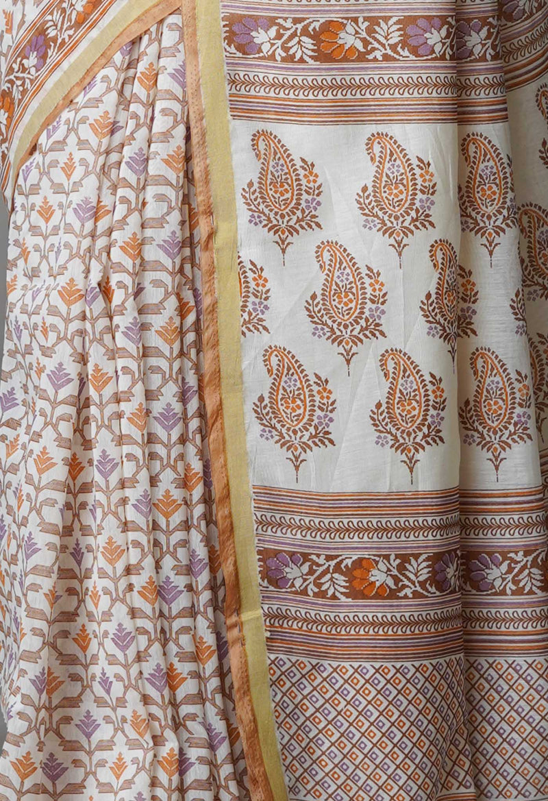Ivory  Block Printed Chanderi Sico Saree-UNM69250