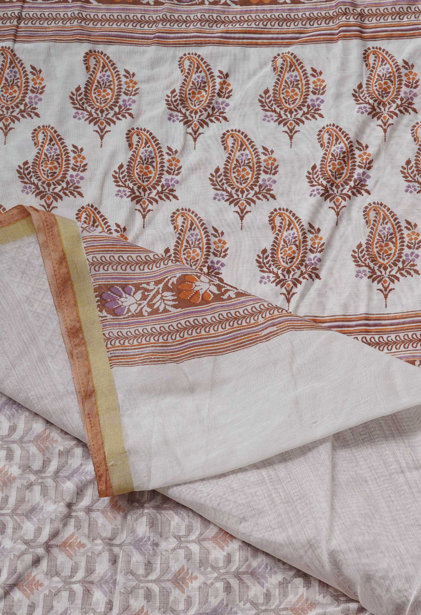 Ivory Block Printed Chanderi Sico Saree