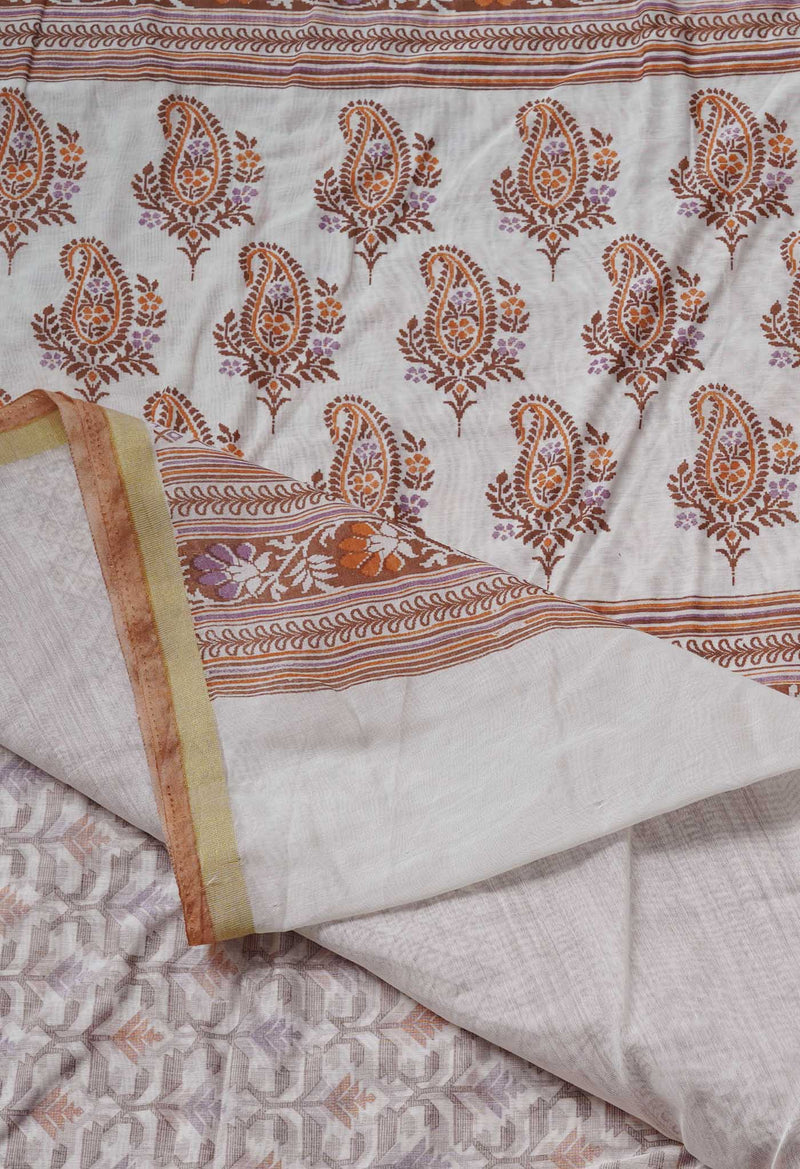 Ivory  Block Printed Chanderi Sico Saree-UNM69250