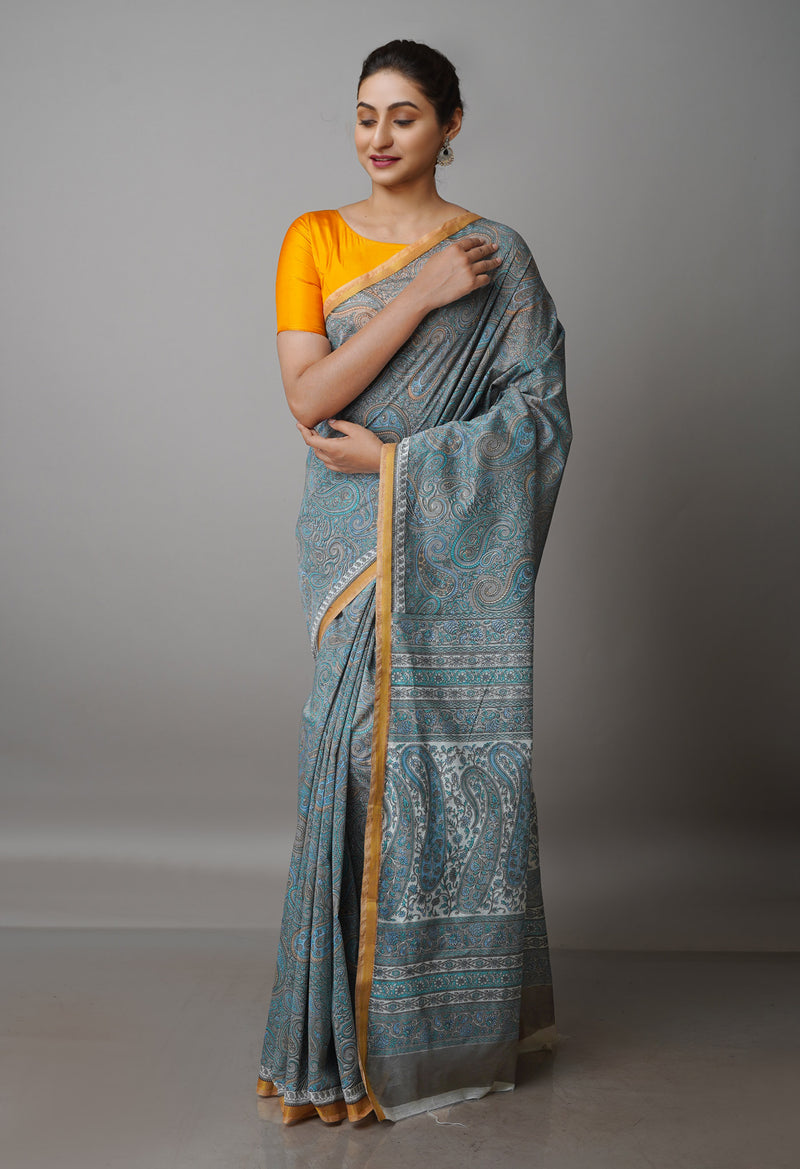 Grey  Block Printed Chanderi Sico Saree-UNM69257