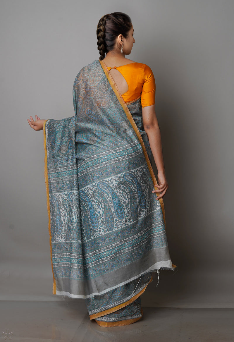 Grey  Block Printed Chanderi Sico Saree-UNM69257