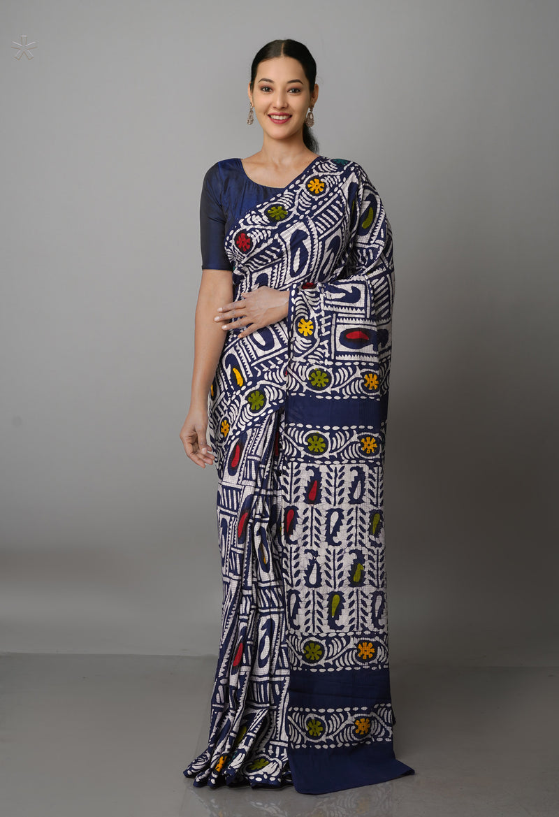 Navy Blue-White Pure  Batik Kota Cotton Saree-UNM69258