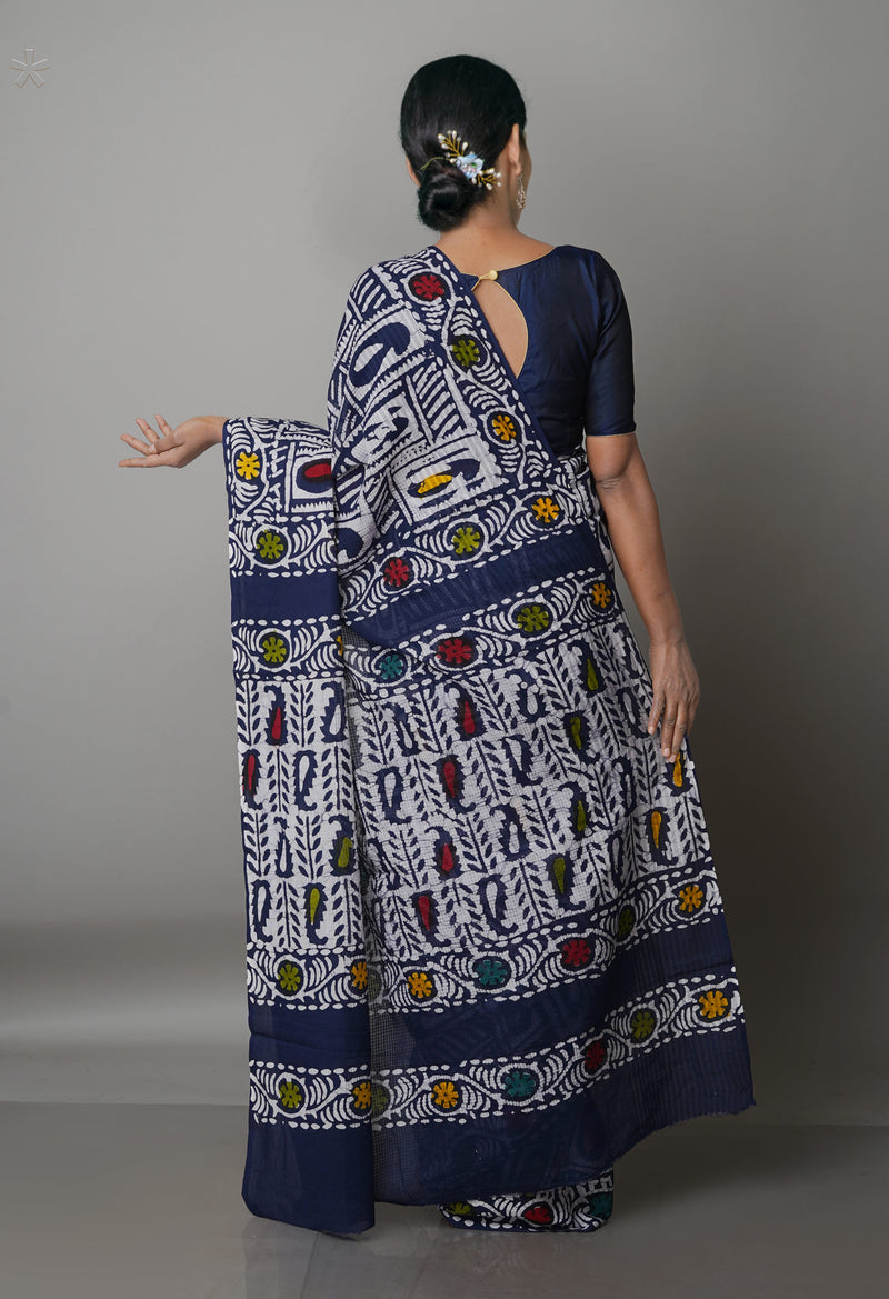 Navy Blue-White Pure  Batik Kota Cotton Saree-UNM69258