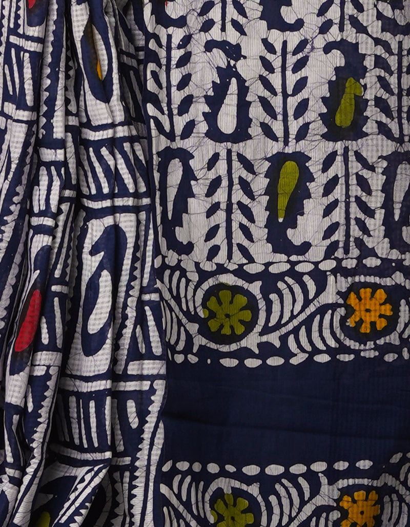 Navy Blue-White Pure  Batik Kota Cotton Saree-UNM69258