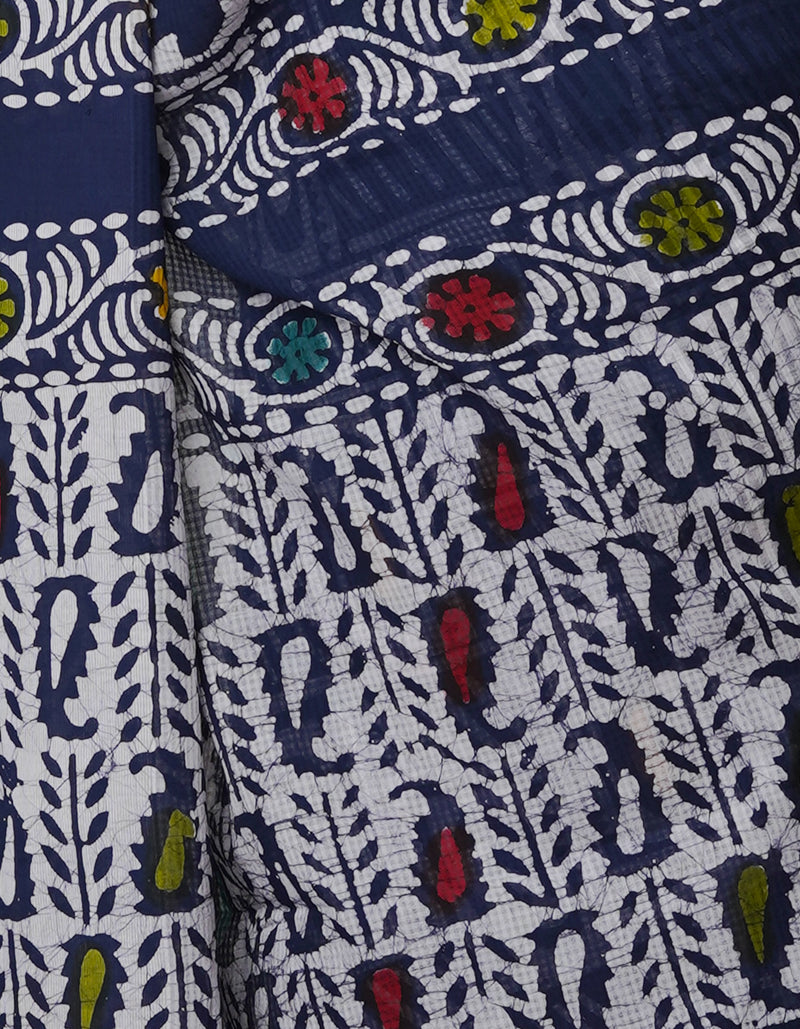 Navy Blue-White Pure  Batik Kota Cotton Saree-UNM69258
