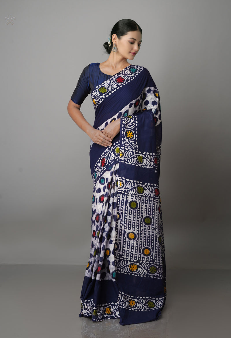 Navy Blue Pure  Batik Kota Cotton Saree-UNM69262