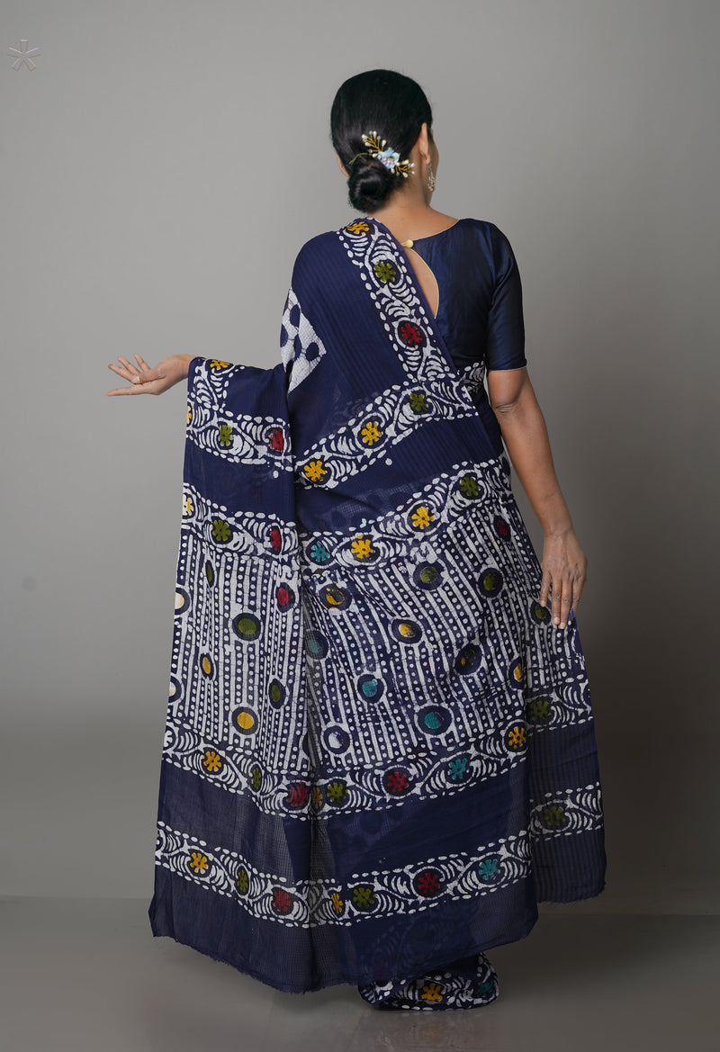 Navy Blue Pure  Batik Kota Cotton Saree-UNM69262