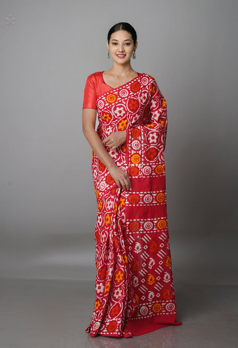 Red Pure  Batik Kota Cotton Saree-UNM69269