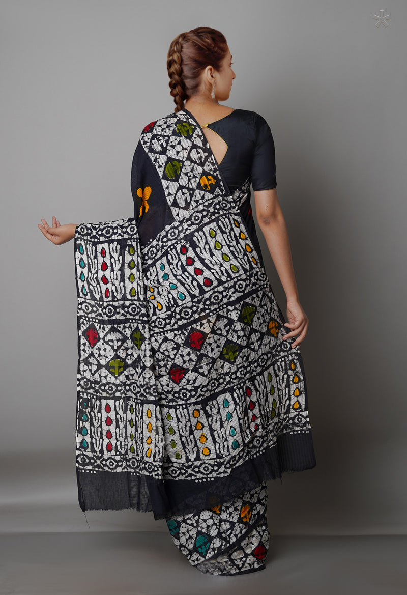 Black Pure  Batik Kota Cotton Saree-UNM69270