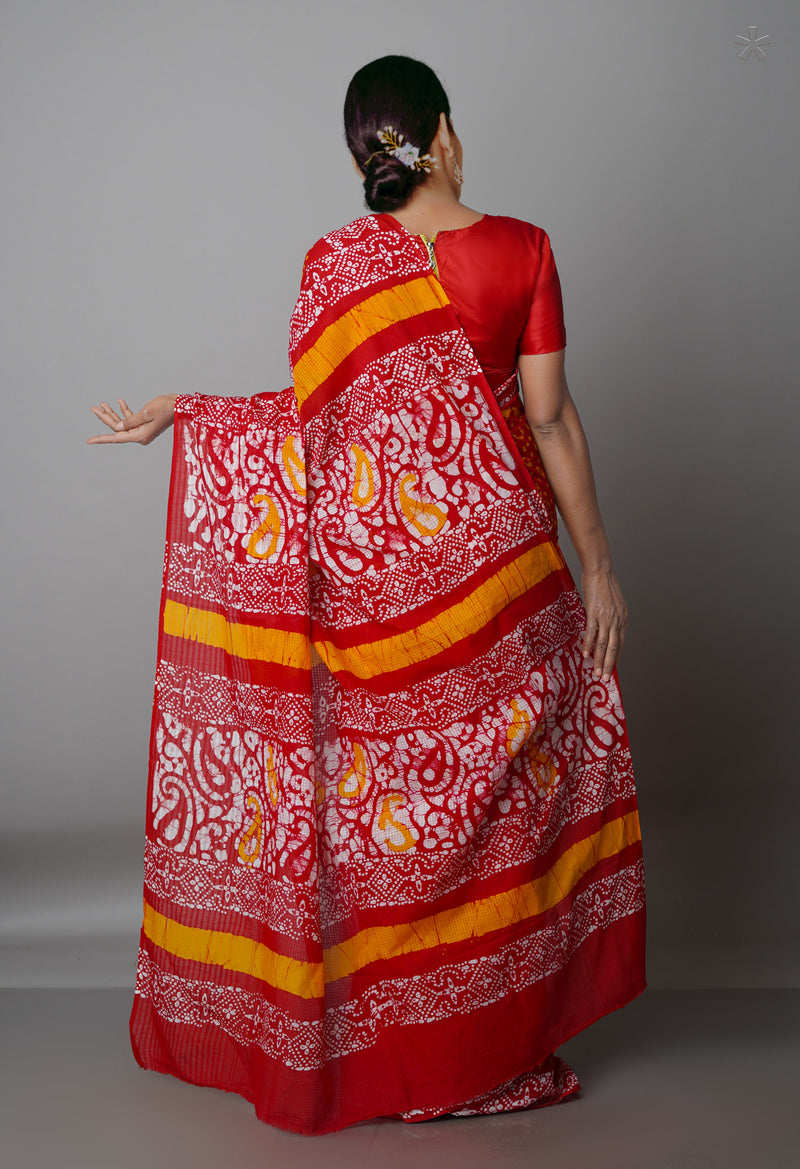 Red Pure  Batik Kota Cotton Saree-UNM69272