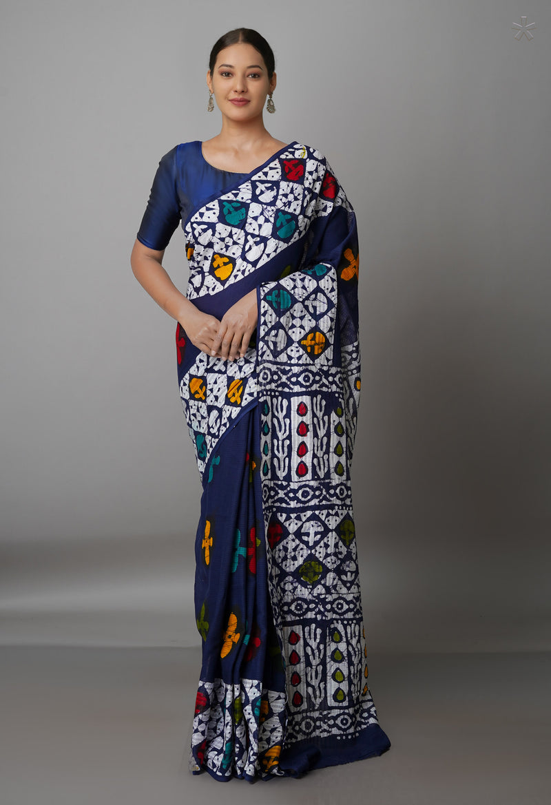 Navy Blue Pure  Batik Kota Cotton Saree-UNM69273