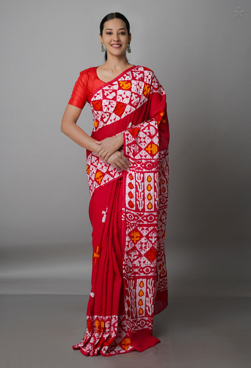 Red Pure  Batik Kota Cotton Saree-UNM69275