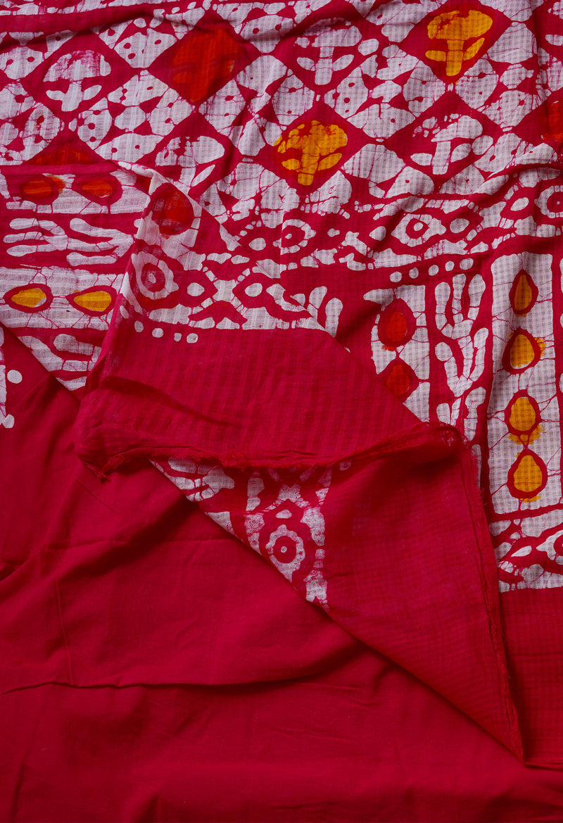 Red Pure  Batik Kota Cotton Saree-UNM69275