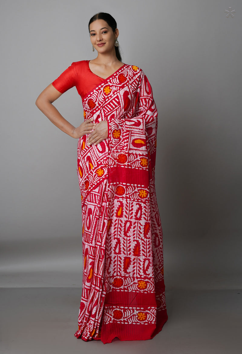Red Pure  Batik Kota Cotton Saree-UNM69276
