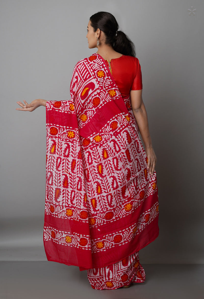 Red Pure  Batik Kota Cotton Saree-UNM69276