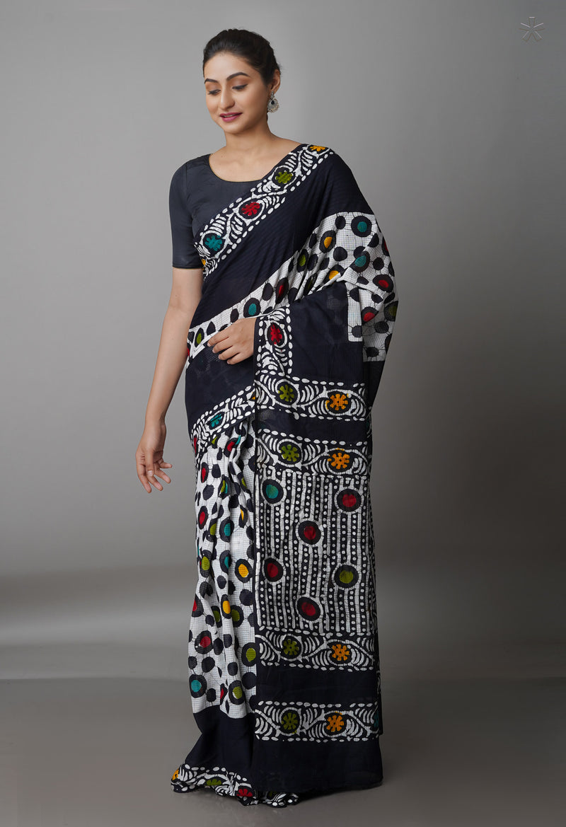 Black-White Pure  Batik Kota Cotton Saree-UNM69284