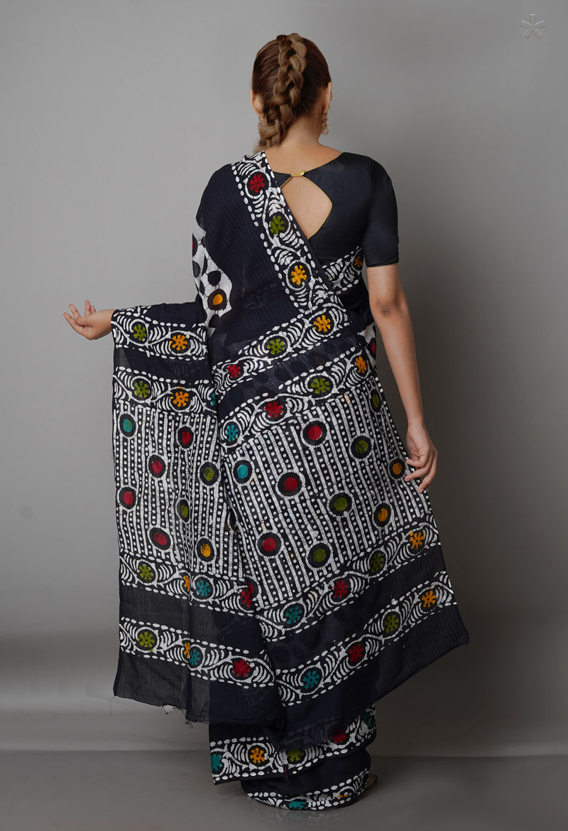 Black-White Pure  Batik Kota Cotton Saree-UNM69284