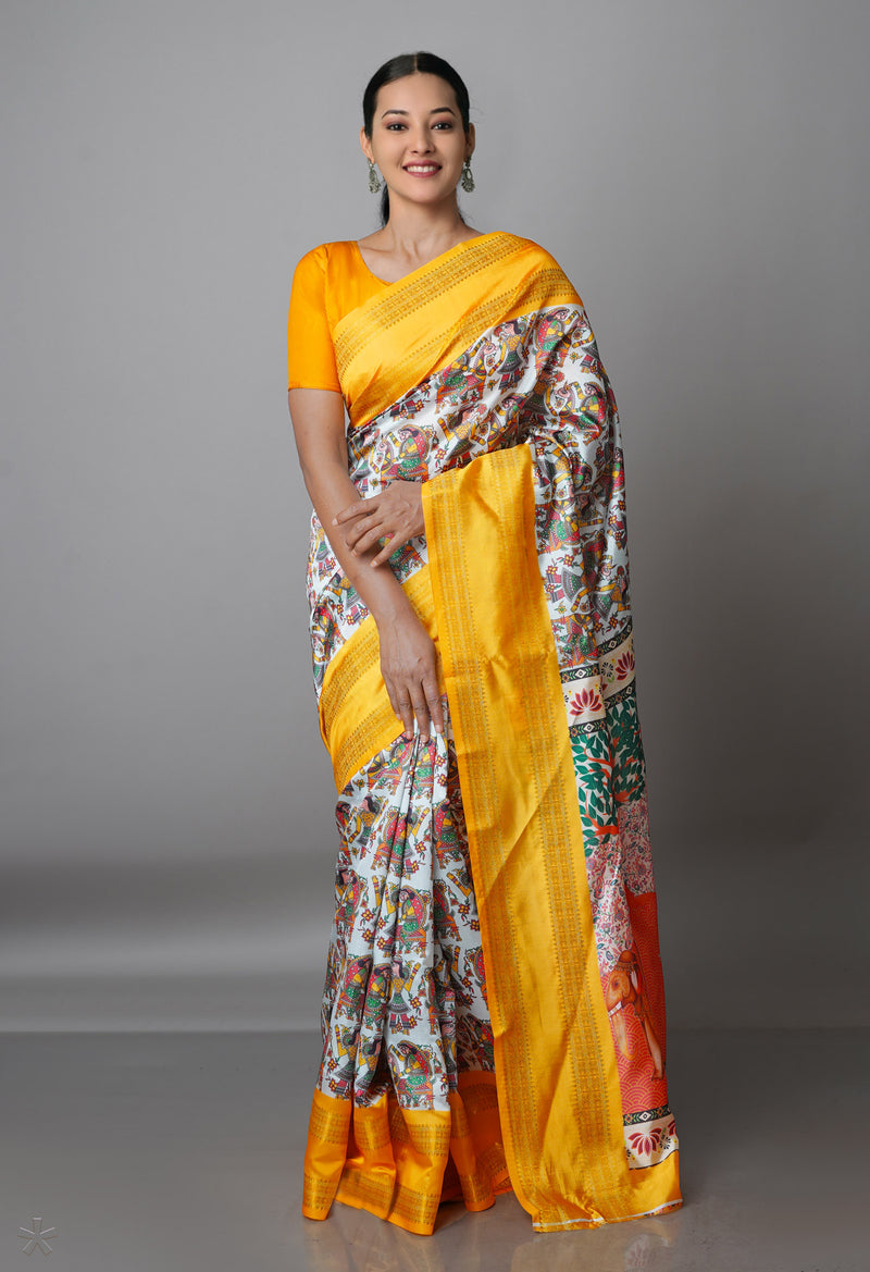 White  Kalamkari Soft Silk Saree-UNM69290